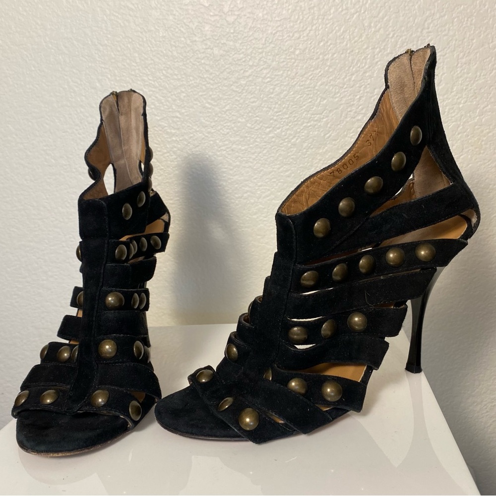 Latitude Femme Black Suede Studded Caged Heels Size 7.5 Excellent Used Condition